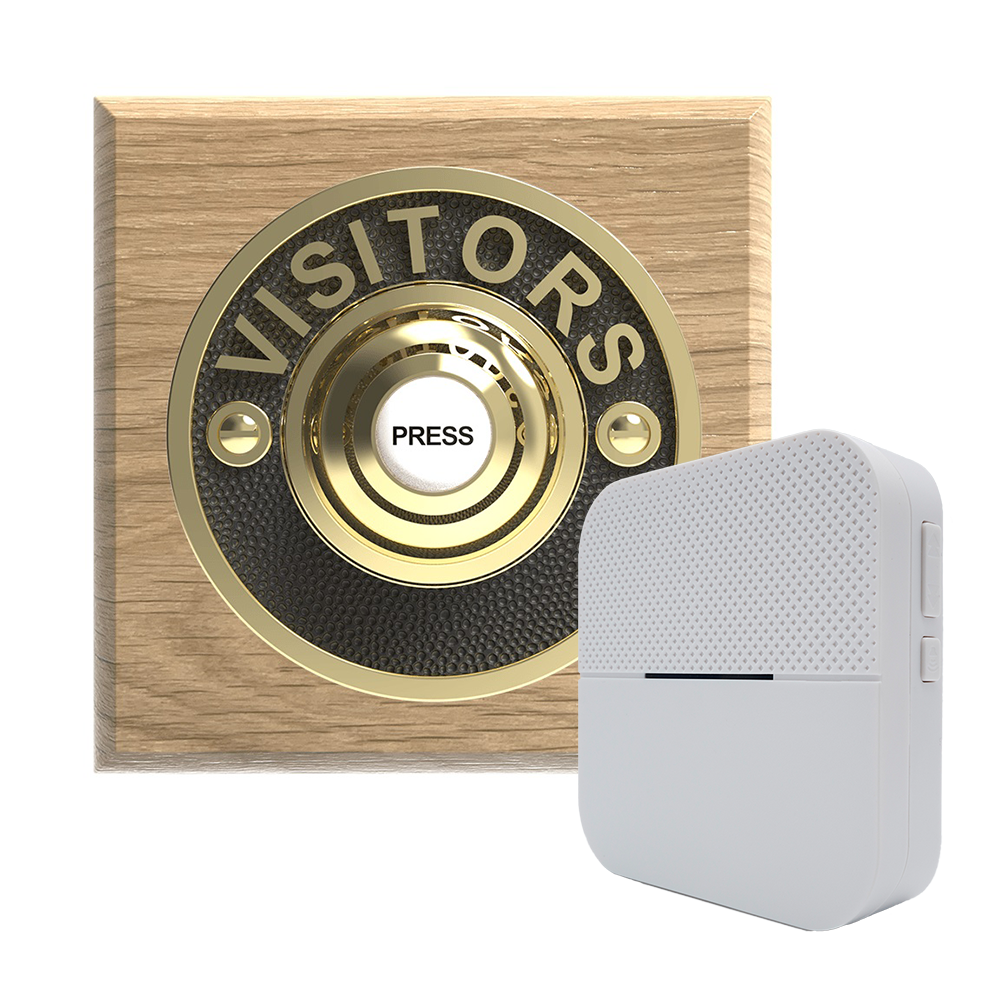 Libra+ Classic 100m Wireless Doorbell Brass Vis Push/Natural Oak,